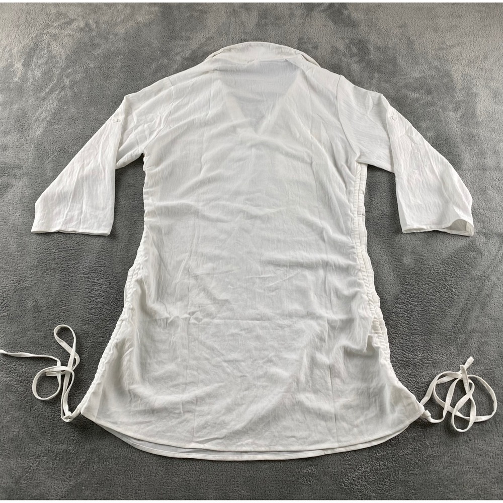 Fashion White Gauze Tunic Top Womens Small Ruched Side Tie Roll Tab Slv V-Neck - Picture 9 of 13